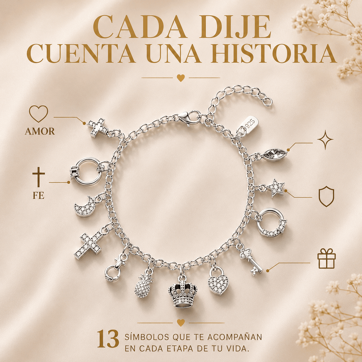 Amatista™ — Pulsera de Plata 925 con 13 Amuletos (2x1 Limitado) Rep