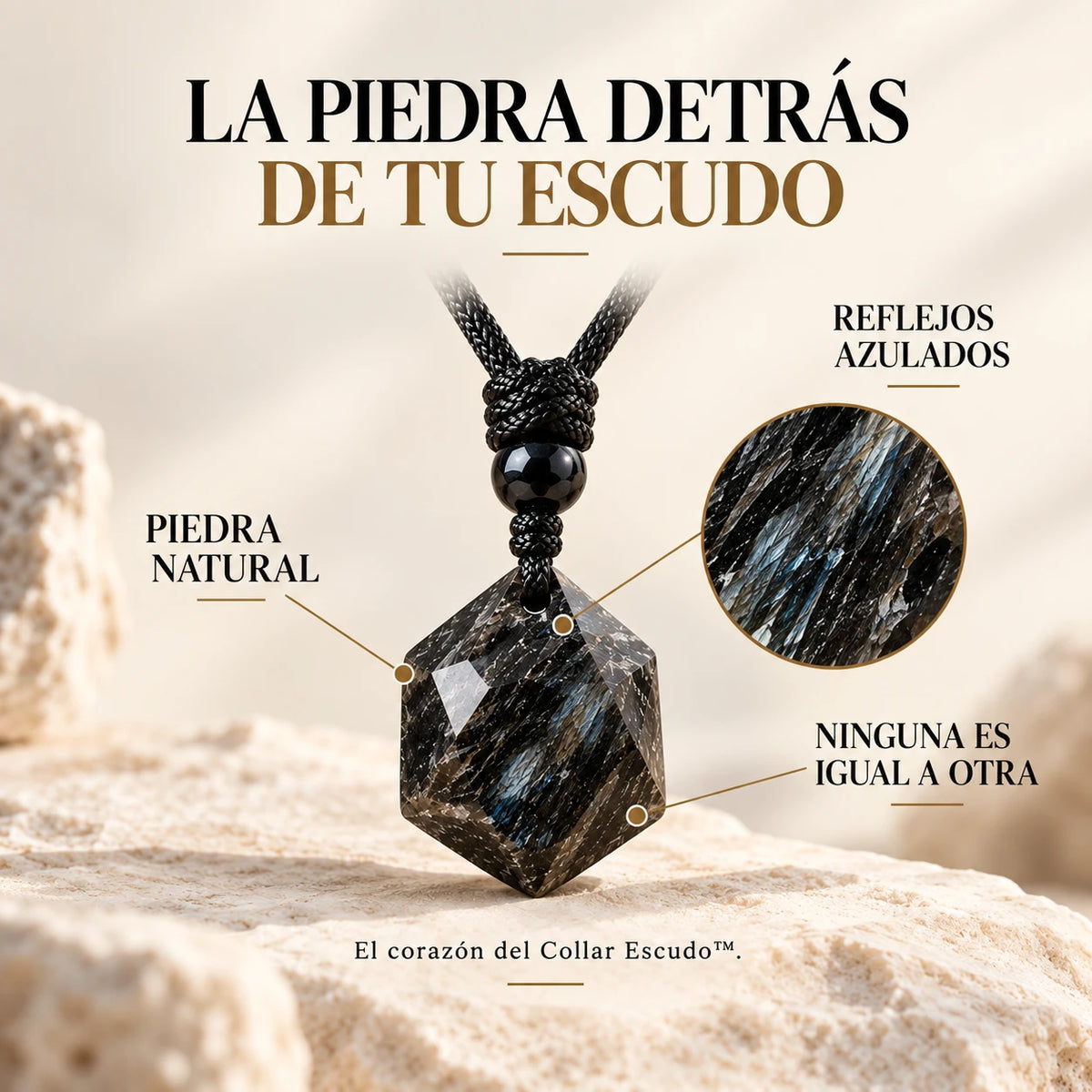 La piedra detrás del Collar Escudo™: Arfvedsonita natural con reflejos azulados