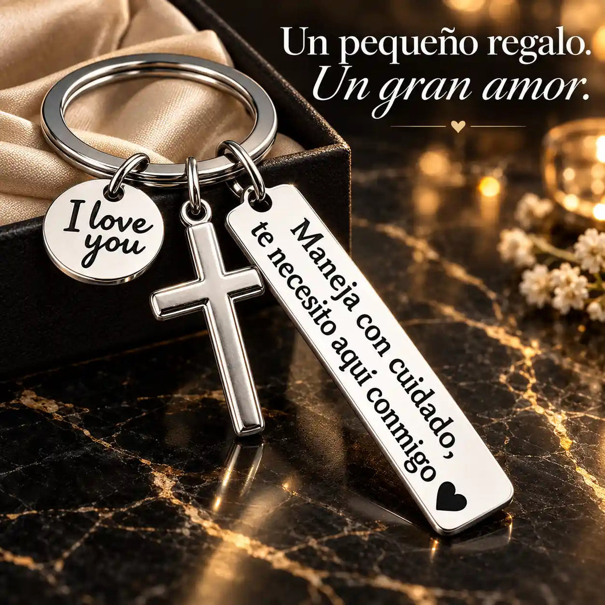 Llavero Maneja con Cuidado en su caja de regalo