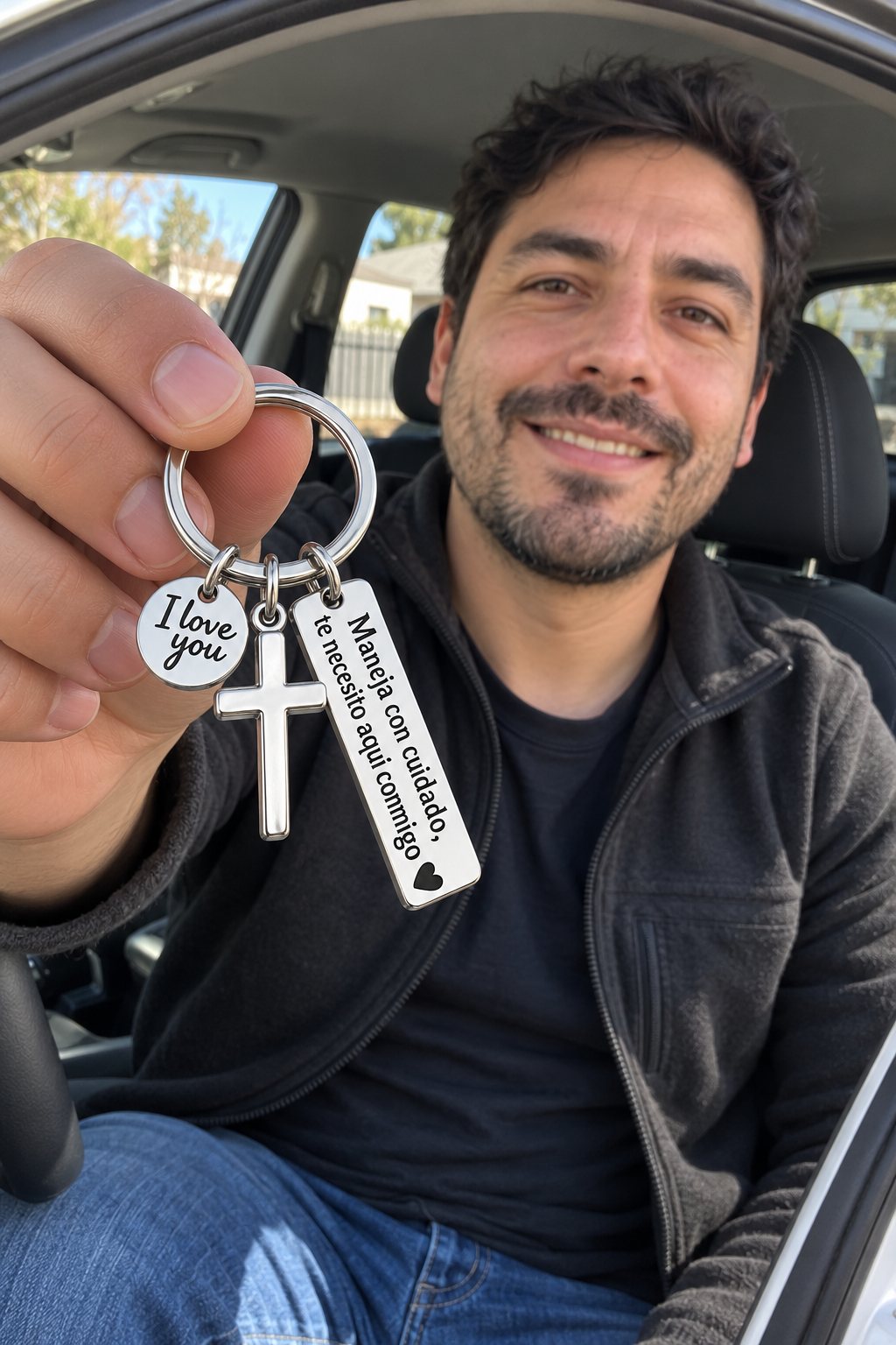 Cliente con su llavero Maneja con Cuidado