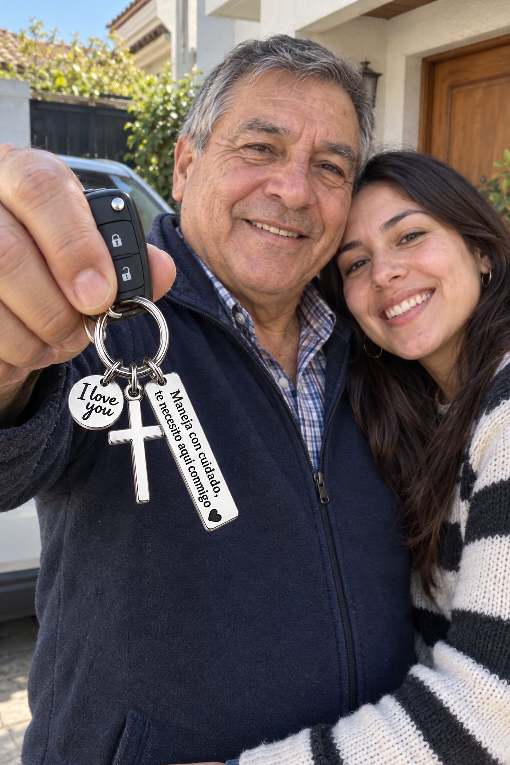 Cliente con su llavero Maneja con Cuidado