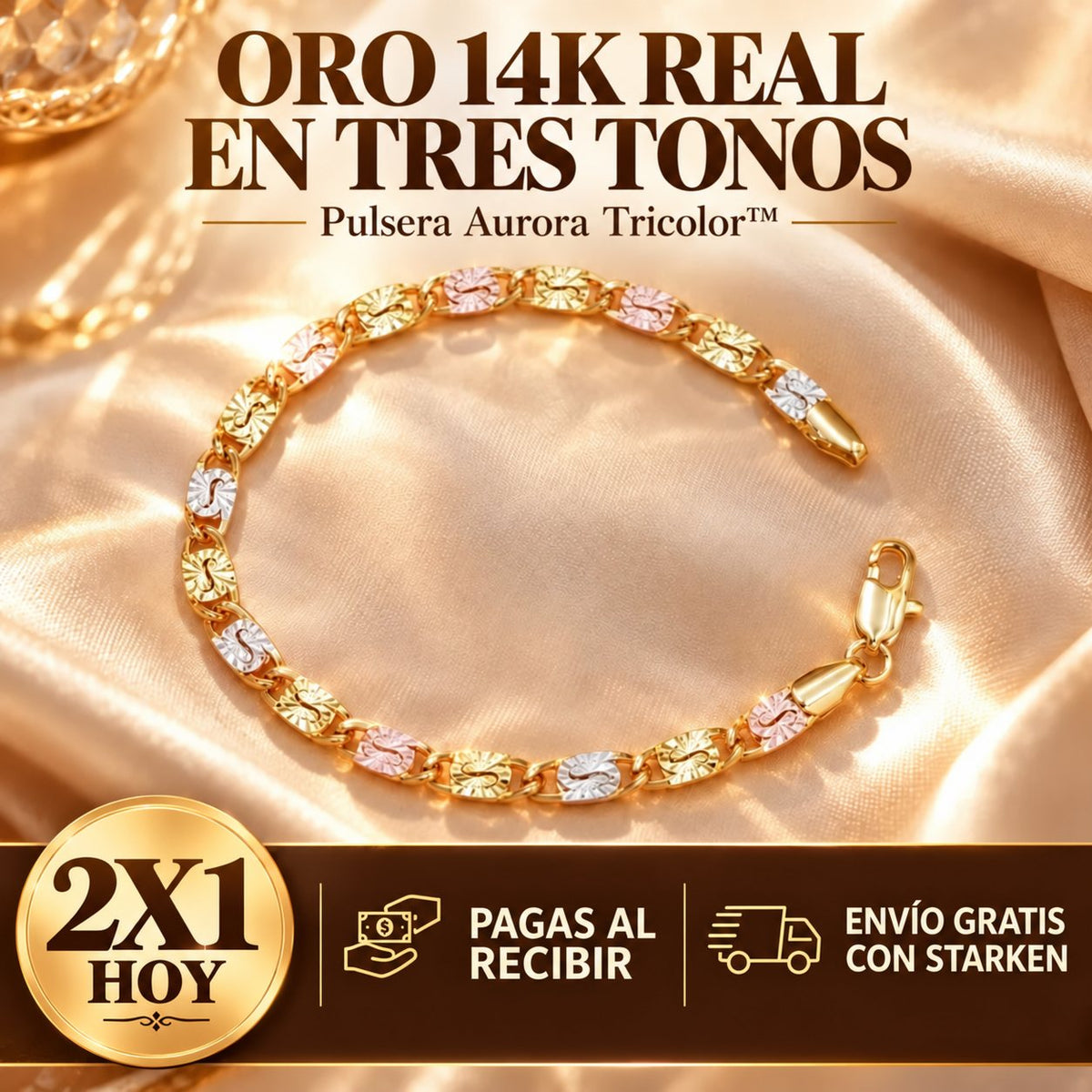 Pulsera Aurora Tricolor en oro 14k, tres tonos